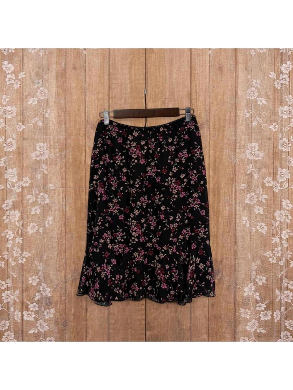 Notations Petite Black Pink Floral Ruffle Hem Skirt PM
